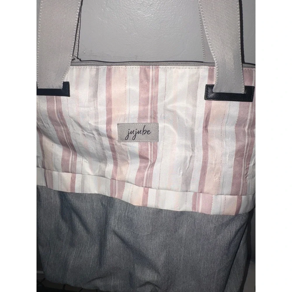 JuJuBe Diaper Bag Tote Pink Gray Striped Baby Bag Large Zip Top